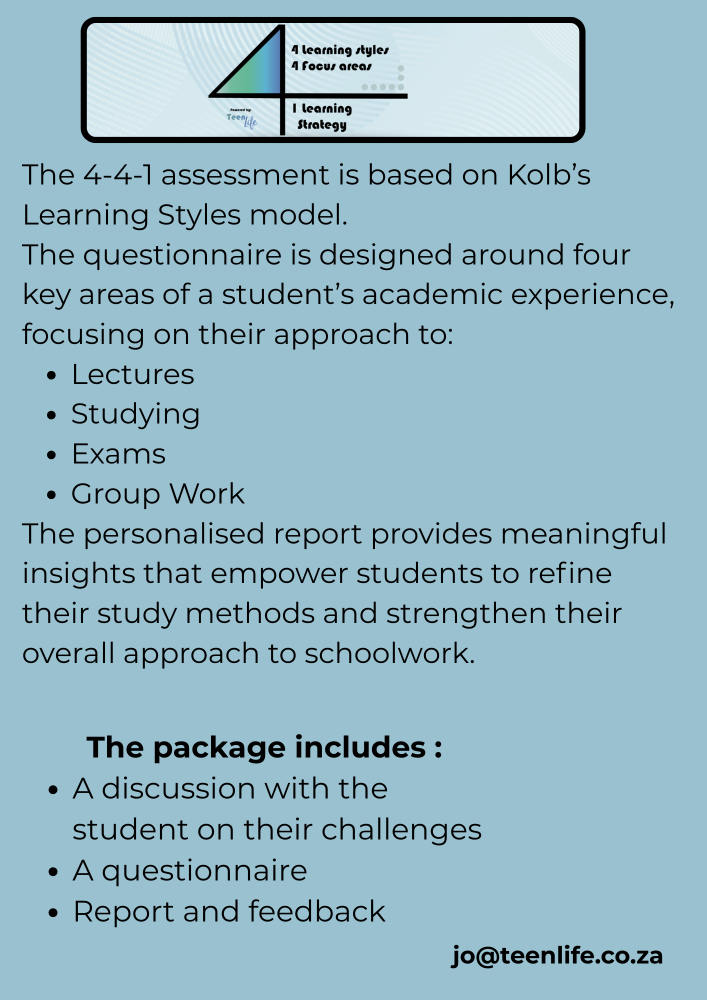 Copy of The 4-4-1 assessment is based on Kolb’s Learning Styles model. The questionnaire is designed around four key areas of a student’s academic experience, focusing on their approach to Lecture